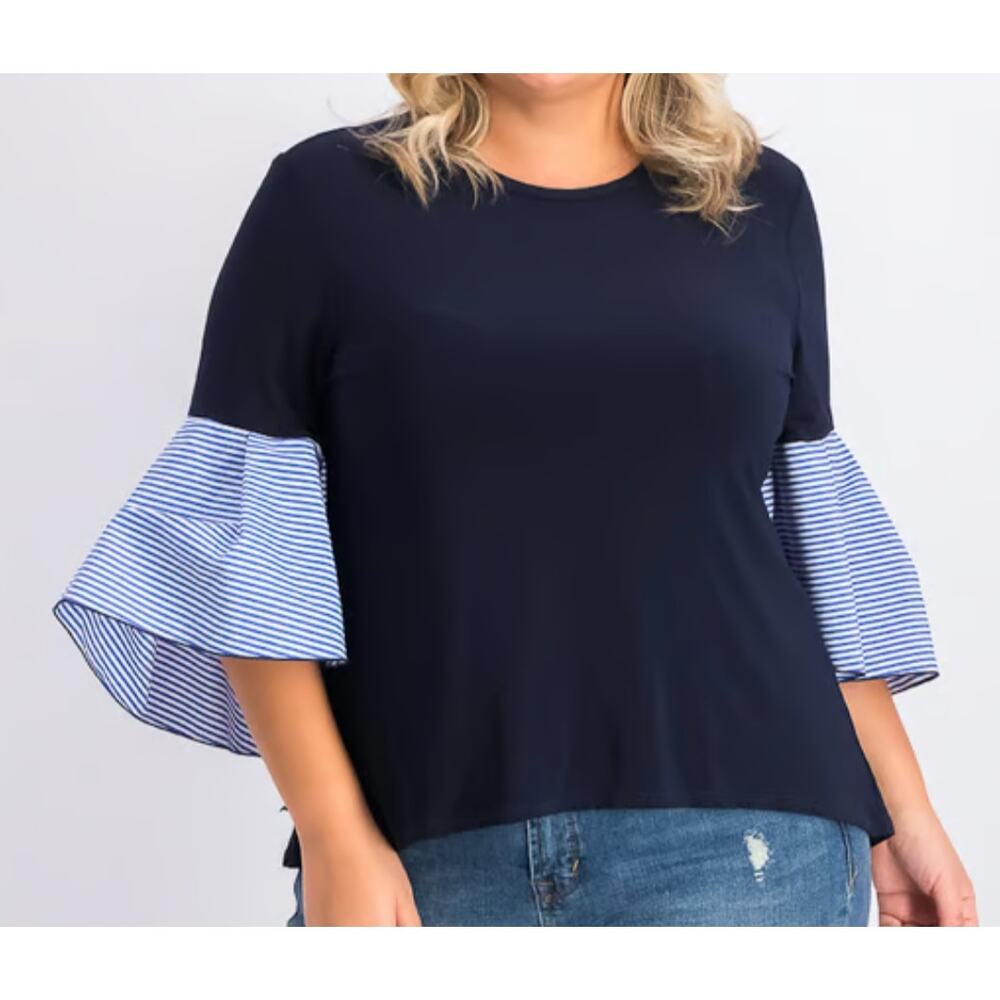Joseph Ribkoff Bell Sleeve Blouse Navy Blue with Striped Sleeves sz 4